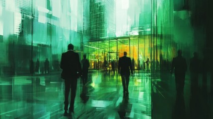 Green Metropolis: Businessmen Walking Through Reflective Cityscape