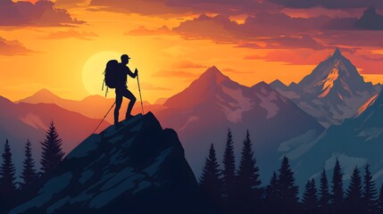 Silhouette of a hiker on AI generated illustration