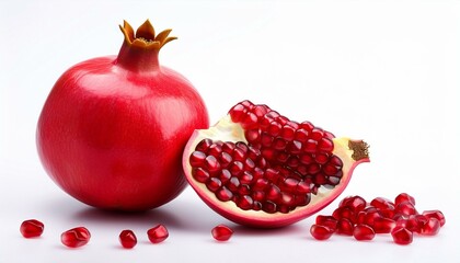 Juicy pomegranate seeds and a whole fruit, vibrant red against a white backdrop.