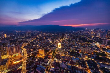 Aerial Night View of George Town Cityscape in Penang, Malaysia