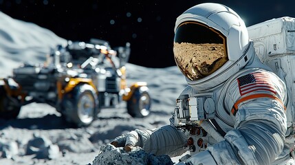 Astronaut collecting lunar samples with a rover in the background on the moon's surface.