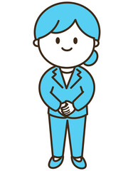 パンツスーツの女性の全身シンプルイラスト　ブルー