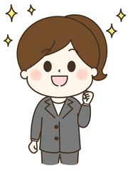 Obraz premium キラキラと頑張れとガッツポーズをするパンツスーツの女性のゆるかわイラスト