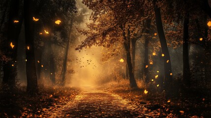 Mystical autumn forest with glowing lights and leaves falling on a path.