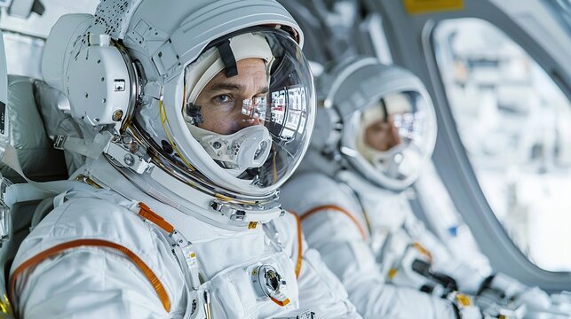 Astronauts preparing for a mission inside a spacecraft.
