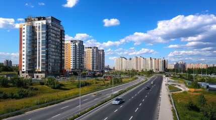 Modern Residential Area Highway View: A Stunning Panorama of New Buildings and a Wide Road Under a Bright Sky