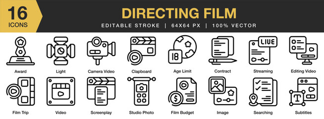 Directing Film icon set. Editable Stroke Icon Collection. Includes film, production, director, equipment, movie, and More. Outline icons vector collection.