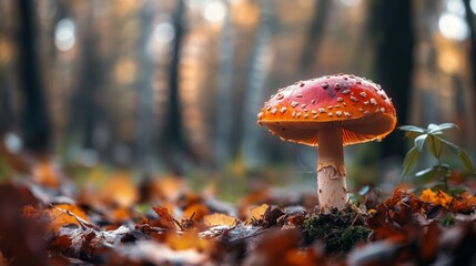 Red mushroom with white dots growing in the forest