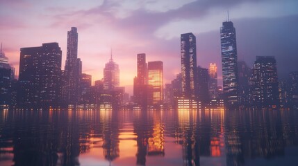 Fototapeta premium Cityscape at sunset, reflected in water.