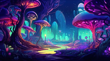 Fototapeta premium Glowing Mushrooms Illuminate A Surreal Night Forest Path