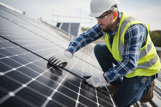  solar panel technician meticulously working on a solar panel installation. He is wearing a safety helmet, high-visibility vest, and work gloves. - Powered by Adobe