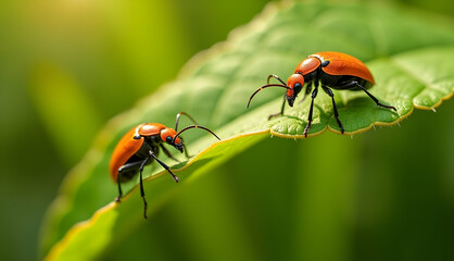 Fototapeta premium Vibrant red beetles crawl on a lush green leaf, bathed in sunlight. A serene summer scene.