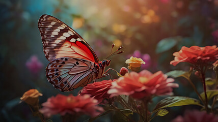 Obraz premium Lush green field blooming flowers butterfly bright summer sunset background wallpaper