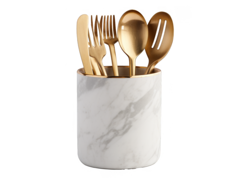Elegant Marble Utensil Holder with Gold Cutlery Set, Isolated On Transparent Background, Png Cut Out