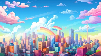 Fototapeta premium Pastel Cityscape Underneath a Rainbow Sky
