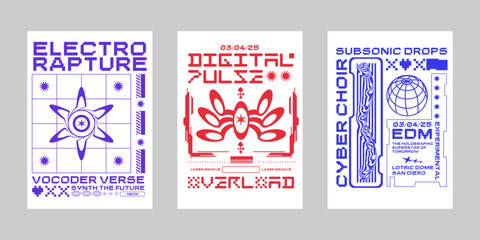 Brutalism poster set, Modern brochure for print. Retrofuturism graphic for promo event and music. Streetwear poster bundle. Event poster vector set.