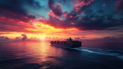Obraz premium Container Ship Sailing at Sunset