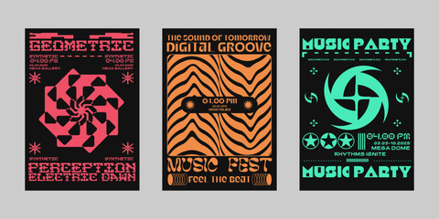 Brutalism poster set, Modern brochure for print. Retrofuturism graphic for promo event and music. Streetwear poster bundle. Event poster vector set.