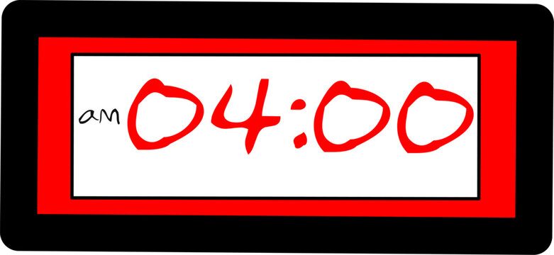 fire alarm button, digital clock vector showing 04:00 am, simple flat black red vector icon