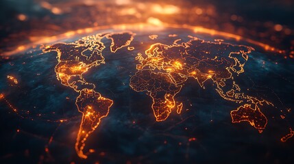 Global Map Illuminated With Fiery Orange Lights
