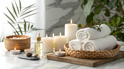 Fototapeta premium Elegant Spa Setup with Towels Oils Candles on Glossy Background Copy Space