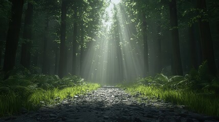 Obraz premium Path through a dense forest glowing with shafts of sunlight, serene and inviting, anticipation, emotion, journey