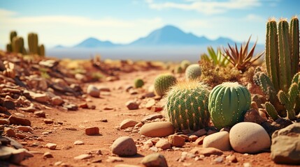 Tumbleweed, cactuses and rocks of sand desert   HD 8K wallpaper Stock Photographic Image