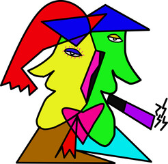 christmas elf with gifts. Colourful abstract Cubism face drawing