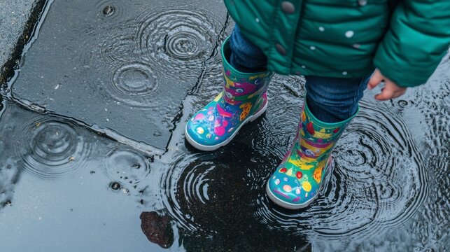 Rainy Day Fun: A child's colorful rain boots splash in a puddle on a rainy day, creating a mesmerizing pattern of ripples.