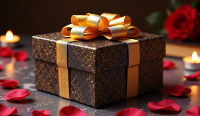 Romantic Gift, Black & Gold Box with Rose Petals