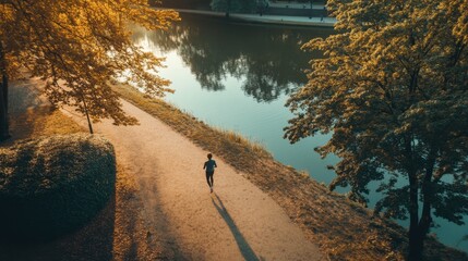 Morning Run by the Lake: Runner enjoying a scenic run along a lakeside path at sunrise.  Golden hour light bathes the scene in a warm glow. 