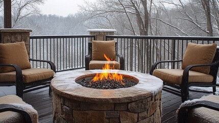 Cozy fire pit on snowy deck with comfy chairs. Perfect for winter relaxation and enjoying the snowy landscape.