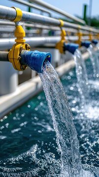 Water flowing from industrial pipes into a reservoir, showcasing water management.
