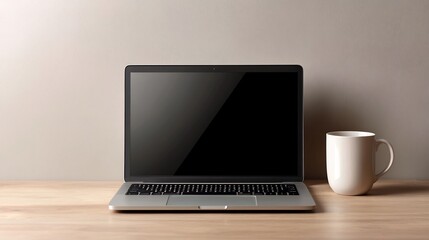 Fototapeta premium Minimalist stock photo of a laptop and coffee mug on a table isolated on a transparent background for productivity or remote work branding