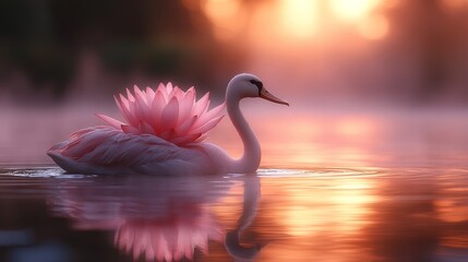 Fototapeta premium Swan with Pink Lotus Reflection at Sunset