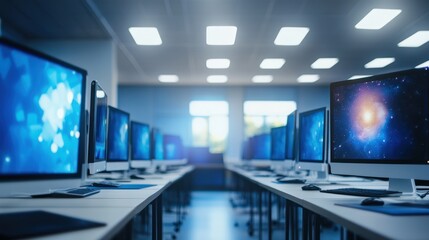 Naklejka premium Modern Computer Lab: Rows of Desktops Displaying Futuristic Screens