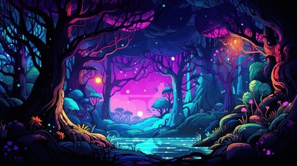Vibrant Neon Forest Scene With Glowing Stream
