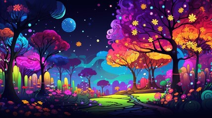 Vibrant Fantasy Forest Night Scene With Glowing Trees and Flowers