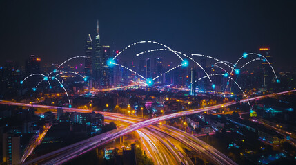 Fototapeta premium Smart digital Innovation city with connection network reciprocity over the cityscape. of future smart wireless city and social media networking systems that connects business people with in city