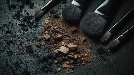 Close-up of makeup brushes and crushed eyeshadow. Perfect for beauty, cosmetics, or fashion blogs.