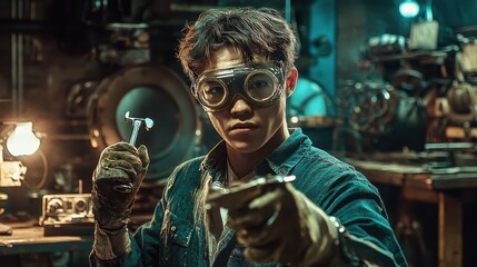 Obraz premium A factory worker wearing protective gear and holding a wrench, surrounded by outdated machinery and dim lighting. Their face is a mix of exhaustion and determination, reflecting the challenges 