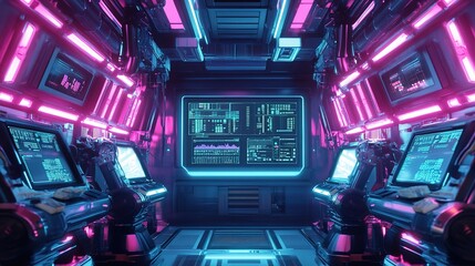 Obraz premium Futuristic Automation Lab with Robotic Arms and Neon Lighting