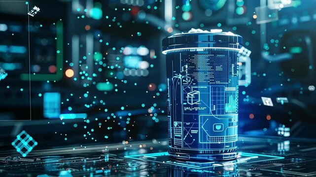 Futuristic smart coffee cup with holographic projections and data analysis in a high tech setting, showcasing advancements in beverage tech and personalized experiences