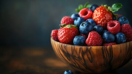 Summer Berry Bowl: A rustic wooden bowl overflows with a vibrant mix of fresh strawberries, blueberries, and raspberries, capturing the essence of summer's bounty. 