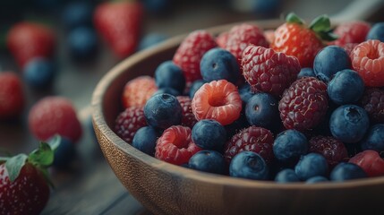Luscious Berry Bowl: A rustic wooden bowl overflowing with plump, juicy raspberries, blueberries, and strawberries.  A vibrant mix of colors and textures, perfect for food blogs, recipes.