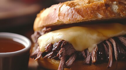 French Dip Sandwich: A mouthwatering French dip sandwich with melted cheese and savory gravy, ready to satisfy your cravings.