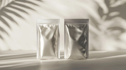Minimalist composition of two glossy stand-up pouches on light gray surface with subtle textures and soft shadows