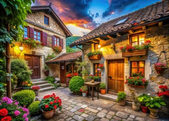 Obraz premium Charming rustic village cottage PNG image, perfect for countryside or rural home design projects.