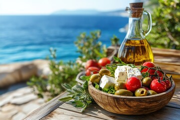 Greek salad with feta, olives, tomatoes. Perfect for websites, blogs, or menus showcasing Mediterranean cuisine.