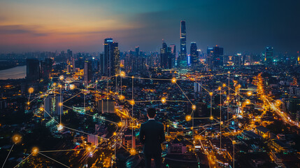 Fototapeta premium Smart digital Innovation city with connection network reciprocity over the cityscape. of future smart wireless city and social media networking systems that connects business people with in city